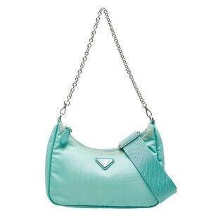Prada triangular logo plate chain handbag shoulder bag green nylon leather